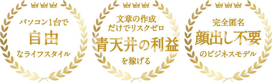 パソコン１台で自由なライフスタイル 文章の作成だけでリスクゼロ青天井の利益を稼げる 完全匿名顔出し不要のビジネスモデル